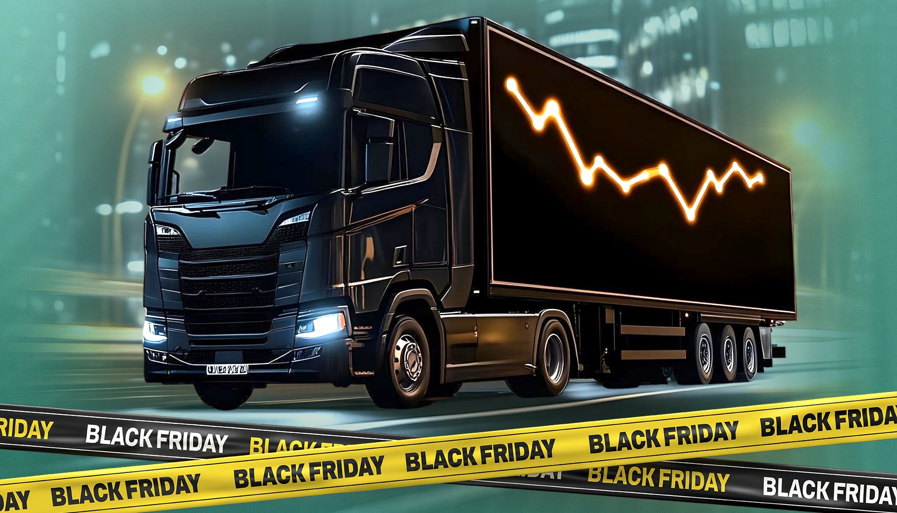 Caminhão preto com gráfico em sua caçamba simbolizando taxas de venda